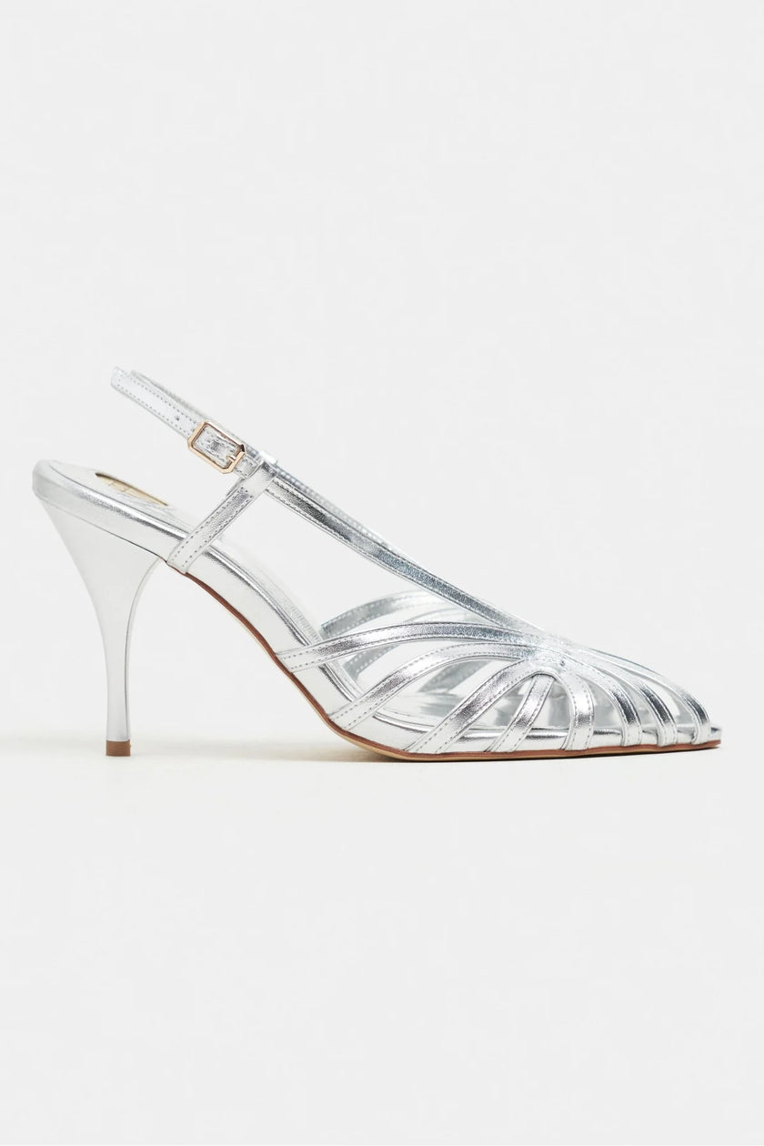 ERYU Silver Metallic Open-Toe Cage Detail Women’s High-Heel Shoes