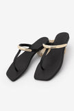 LUSINA Black Satin Toe-Post Women’s Flat Sandals with Gold Metal Detail