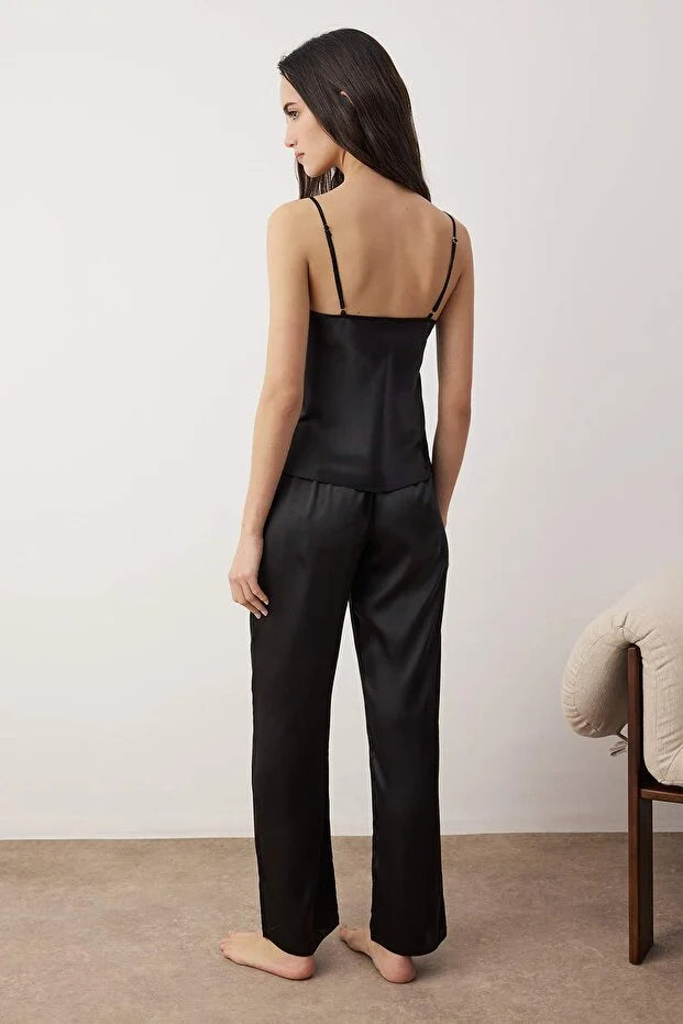 Black Plain Satin Weave Pajama Set | Home Wear | Pajamas | Lebbse Black Plain Satin Weave Pajama Set | Home Wear | Pajamas | Lebbse