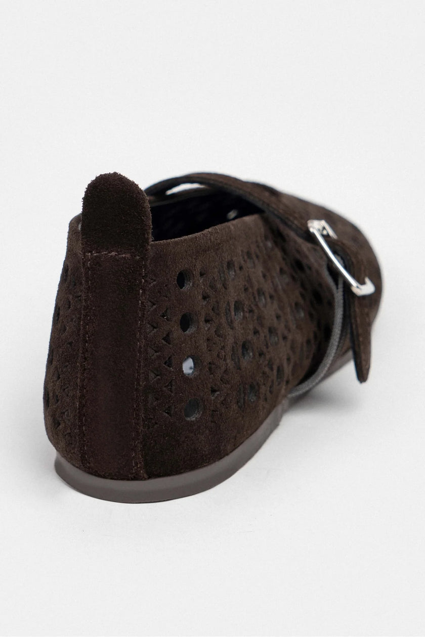 PATTER BROWN SUEDE STUDDED GENUINE LEATHER BUCKLE DETAIL FLAT SOLE BALLERINA