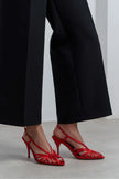 ERYU Red Satin Open Toe Cage Detail Women’s Heeled Mules