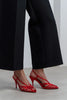 ERYU Red Satin Open Toe Cage Detail Women’s Heeled Mules
