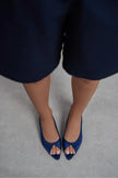 SALVA Navy Satin Pointed Toe Open Front Women’s Heels