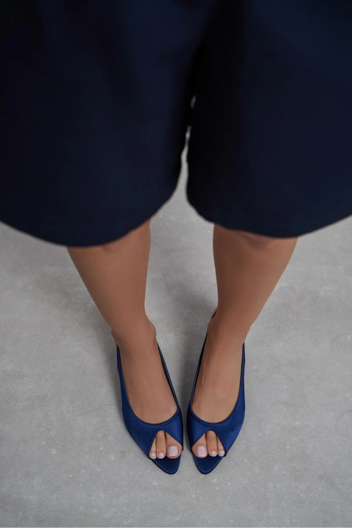 SALVA Navy Satin Pointed Toe Open Front Women’s Heels