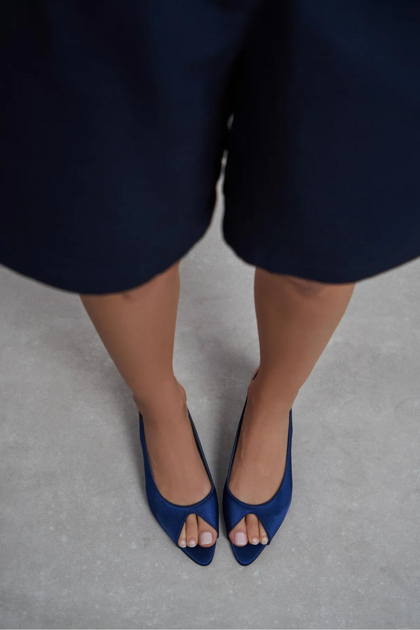SALVA Navy Satin Pointed Toe Open Front Women’s Heels