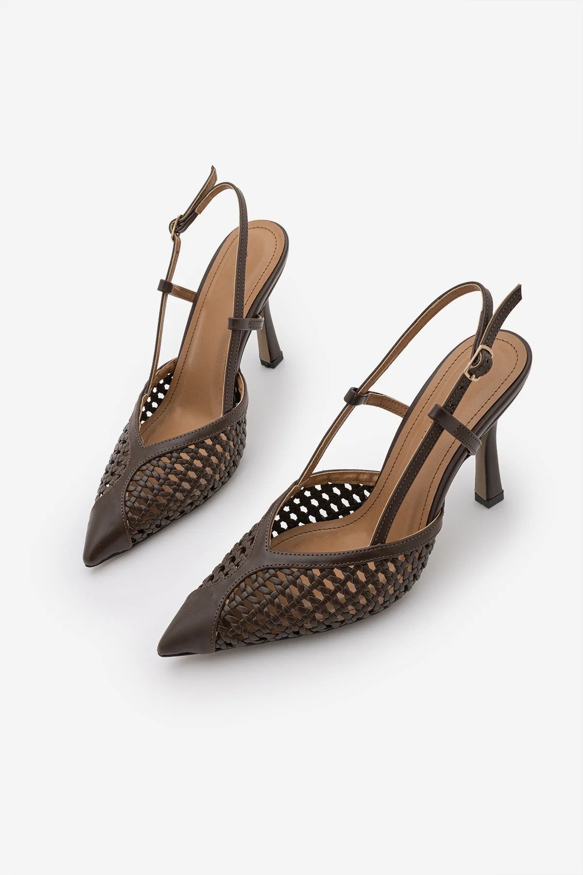 BALESI Brown Handwoven Pointed Toe Stiletto Heels