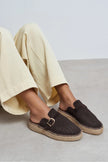 MAREN Brown Suede Leather Laser-Cut Buckle Detail Wedge Sole Women's Espadrille Sandals