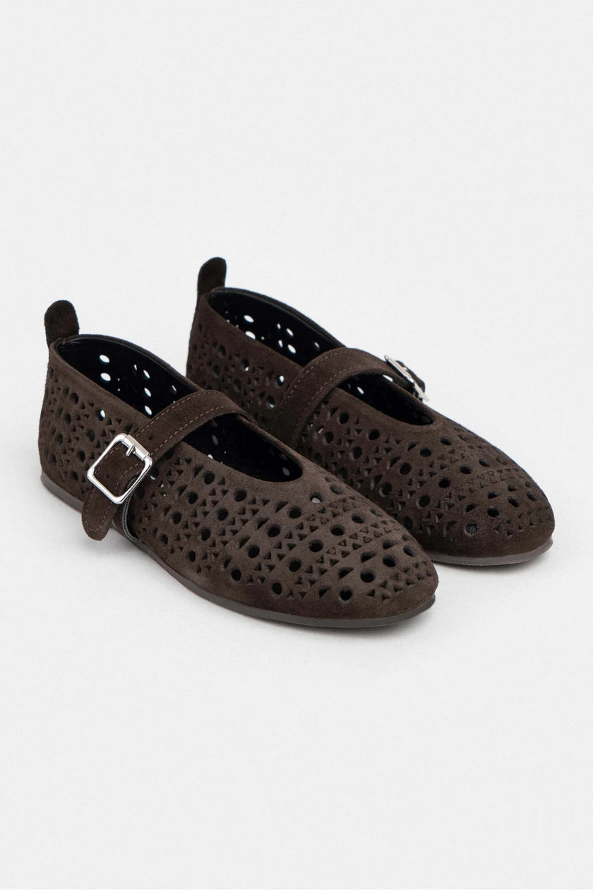 PATTER BROWN SUEDE STUDDED GENUINE LEATHER BUCKLE DETAIL FLAT SOLE BALLERINA