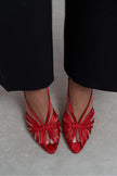 ERYU Red Satin Open Toe Cage Detail Women’s Heeled Mules
