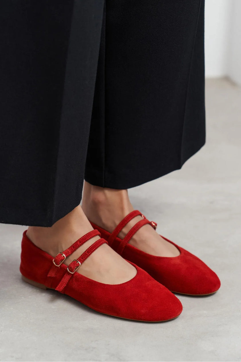 JAMES Red Suede Leather Flat Women's Ballet Flats