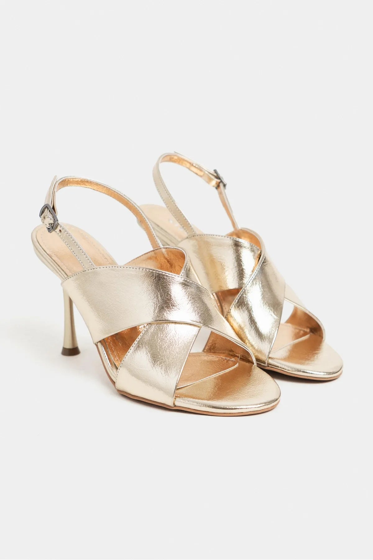 ZOYA Gold Crinkled Cross Strap Women’s Thin Heel Sandals