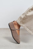 Nora Dark Beige Suede Genuine Leather Buckle Detail Flat Women's Ballet Flats
