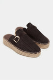 MAREN Brown Suede Leather Laser-Cut Buckle Detail Wedge Sole Women's Espadrille Sandals