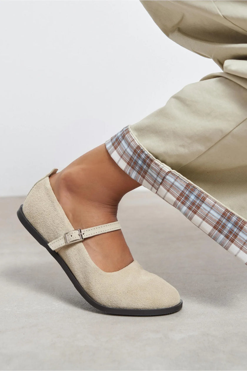 Jade Beige Suede Genuine Leather Double-Buckle Flat Women's Ballet Flats
