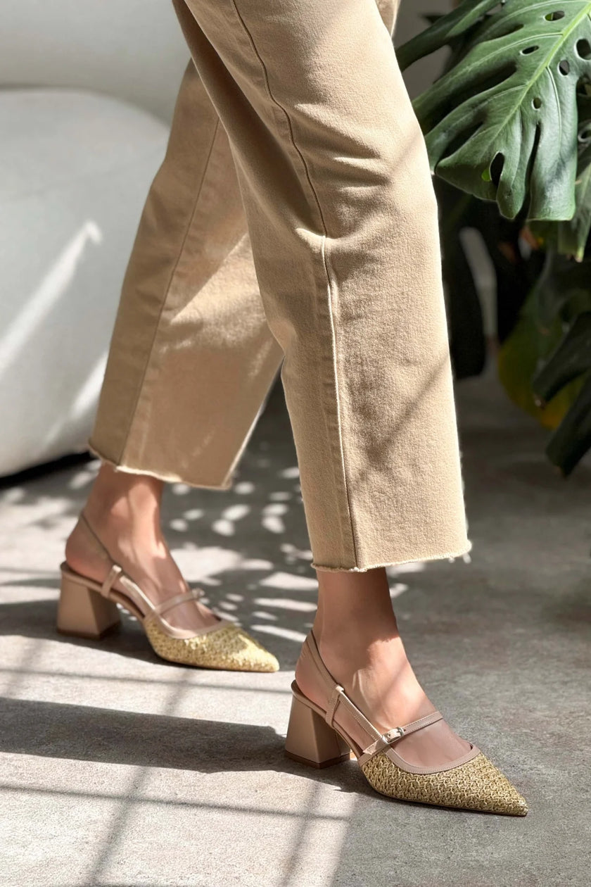 RETRO BEIGE WICKER BELT DETAIL POINTED TOE WOMEN'S HEEL SHOES