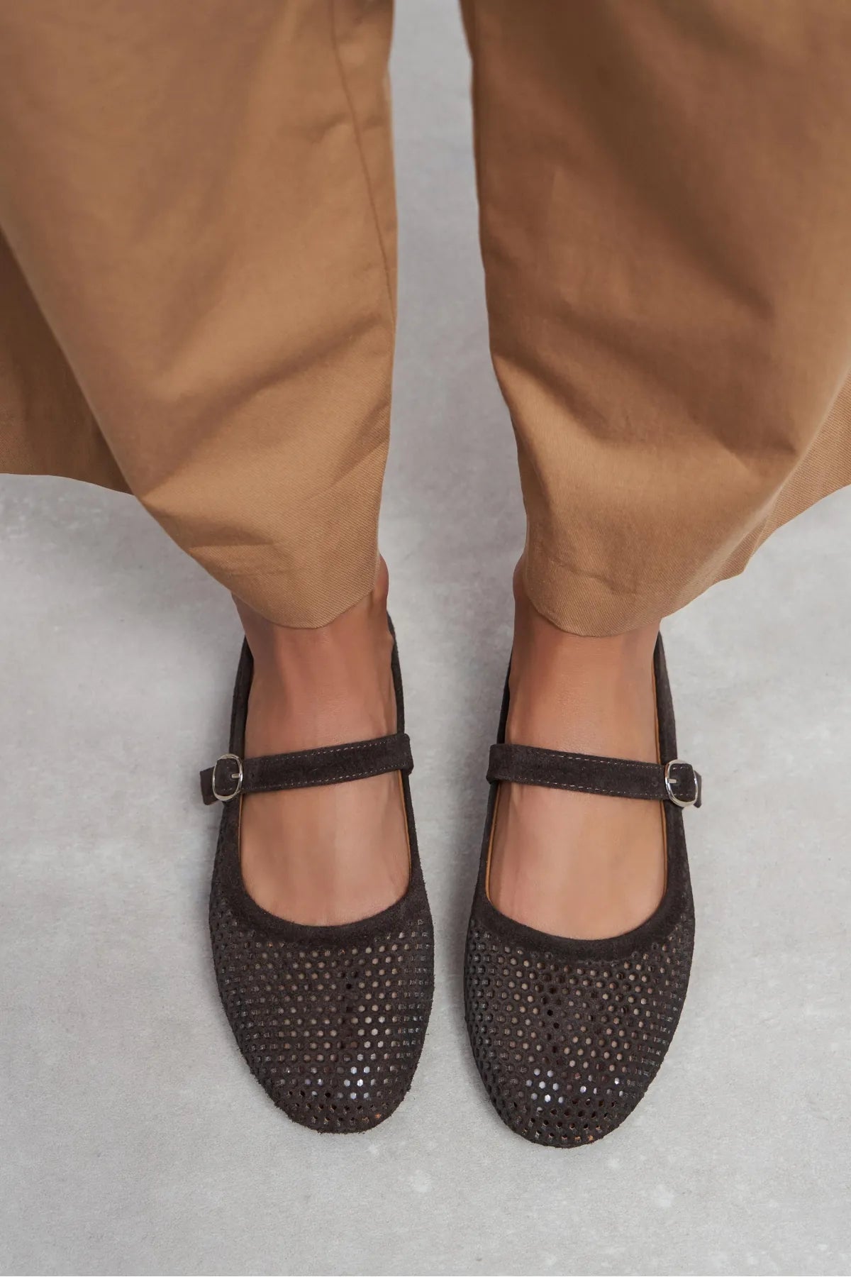 TITI Bitter Brown Suede Leather Studded Buckle Detail Flat Women's Ballet Flats