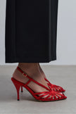 ERYU Red Satin Open Toe Cage Detail Women’s Heeled Mules