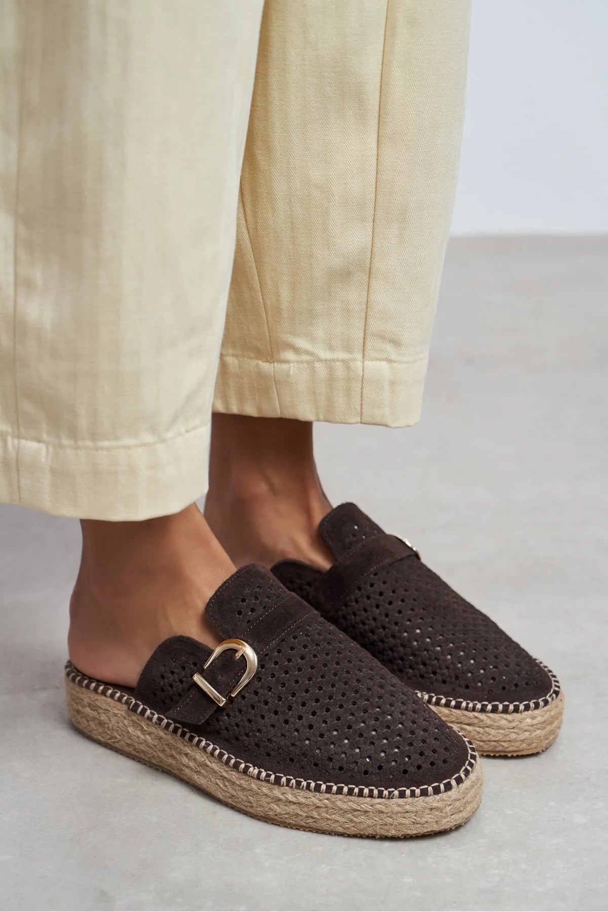 MAREN Brown Suede Leather Laser-Cut Buckle Detail Wedge Sole Women's Espadrille Sandals