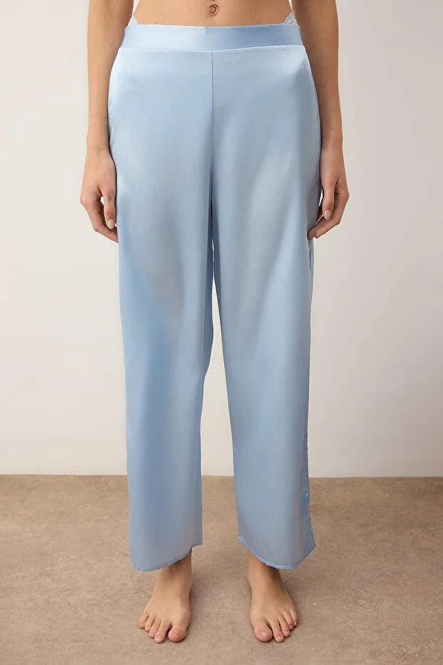 Light Blue Plain Lace Satin Weave Pajama Set