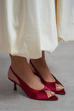 SALVA Burgundy Satin Pointed Toe Open Front Women’s Heels