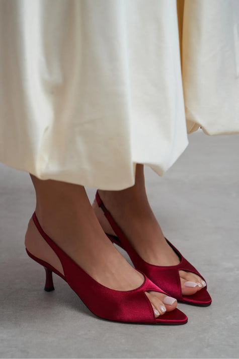 SALVA Burgundy Satin Pointed Toe Open Front Women’s Heels