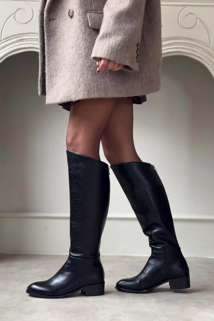 RUBY BLACK GENUINE LEATHER SLOT-TOE WOMEN'S HIGH-HEEL BOOTS