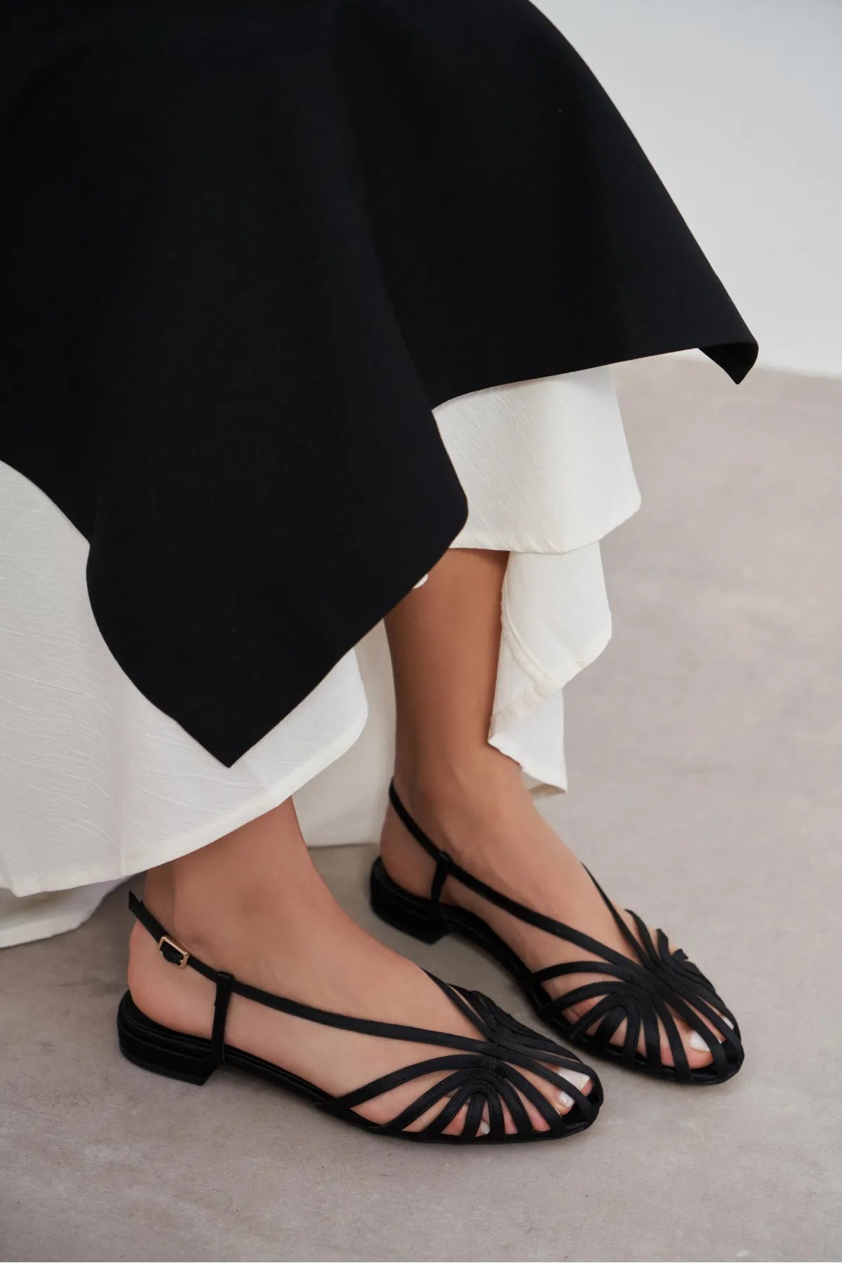 LENY Black Satin Piped  Low-Heel Women's Sandals