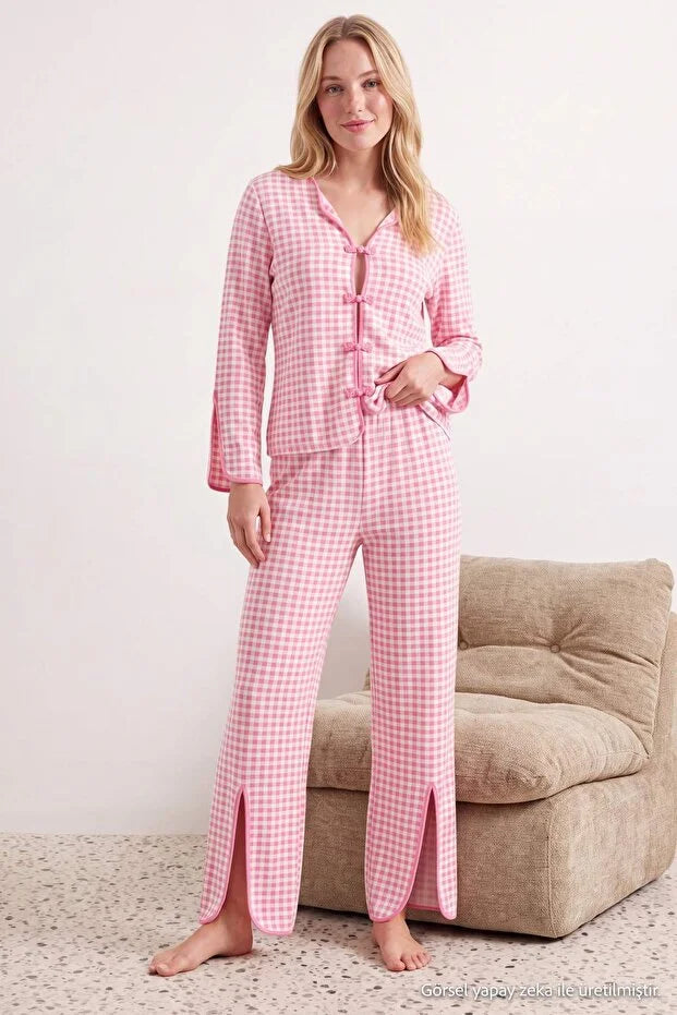 Pink Gingham Viscose Woven Pajama Set