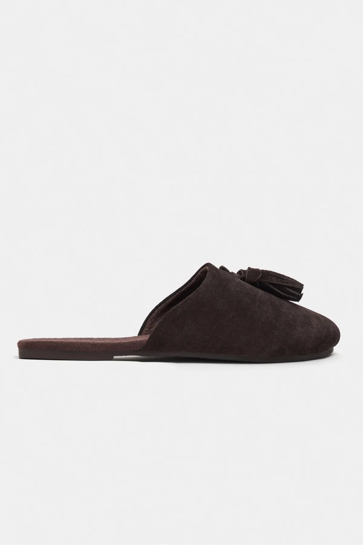 NELLA BITTER BROWN GENUINE SUEDE LEATHER TASSEL DETAIL WOMEN’S FLAT SLIPPERS