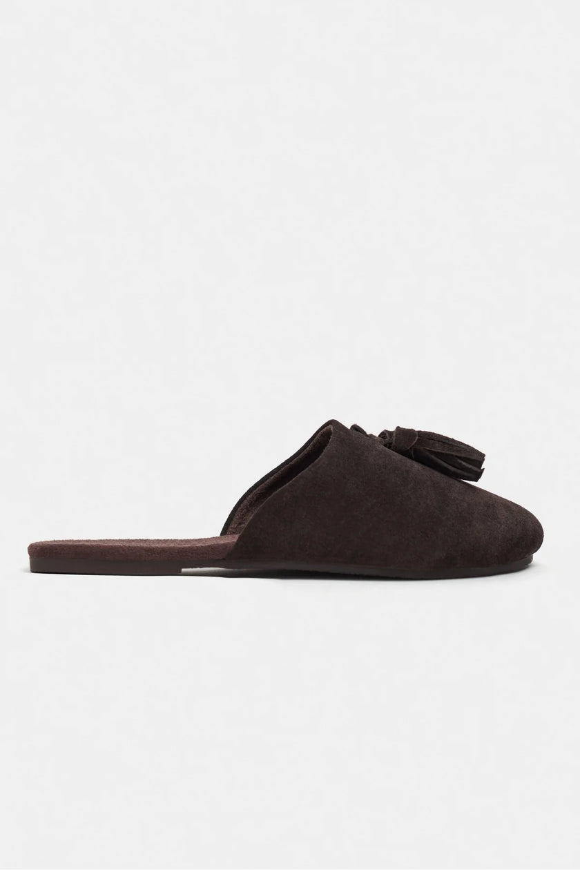 NELLA BITTER BROWN GENUINE SUEDE LEATHER TASSEL DETAIL WOMEN’S FLAT SLIPPERS
