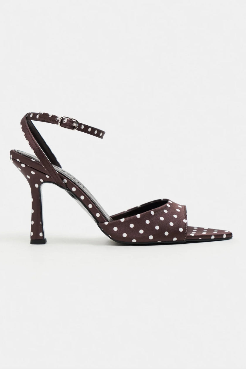JULIAN Brown Polka Dot Satin Bow Detail Women’s Heels