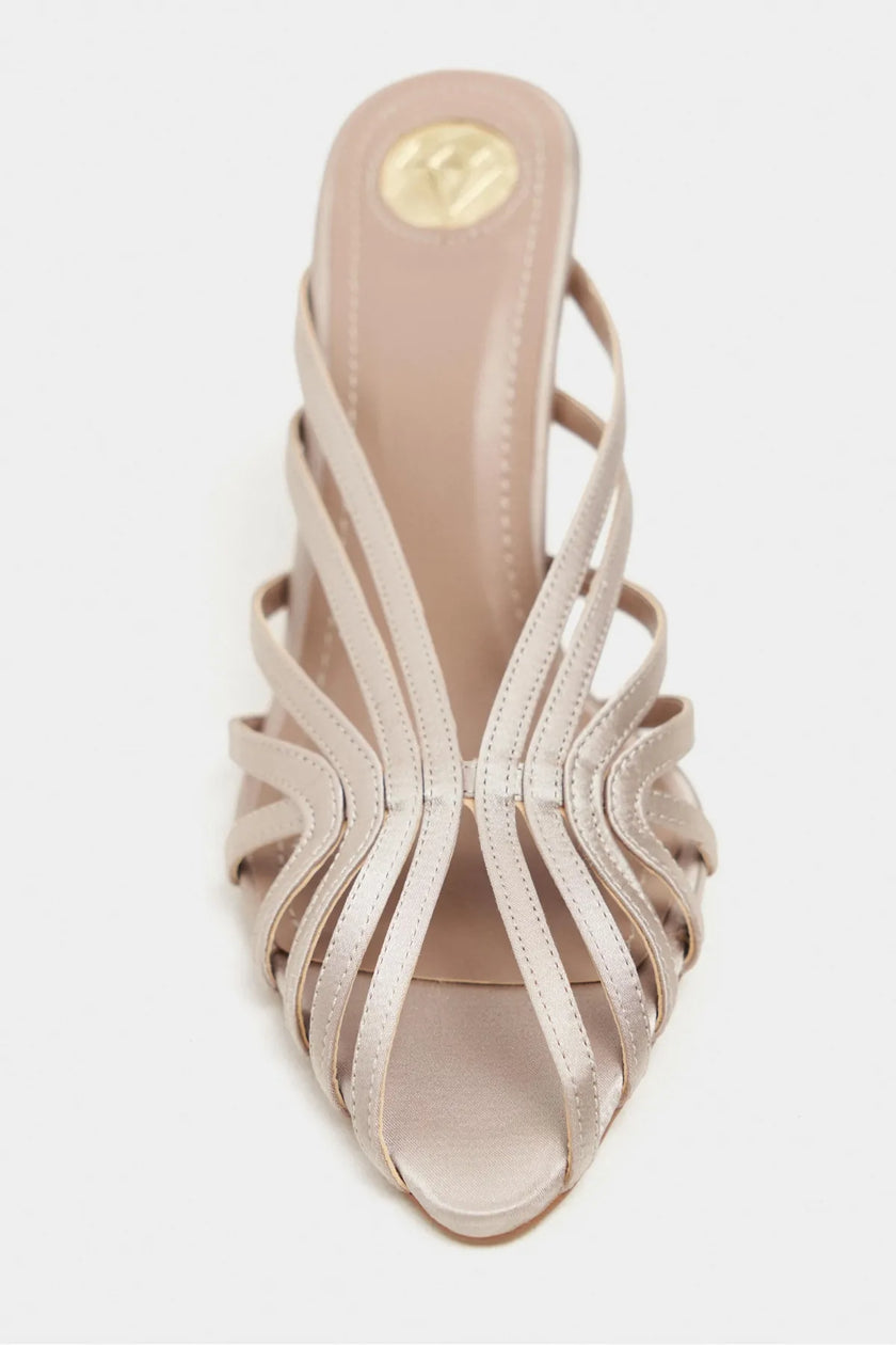 JUDITH Dark Beige Satin Open Toe Cage Detail Women’s Heeled