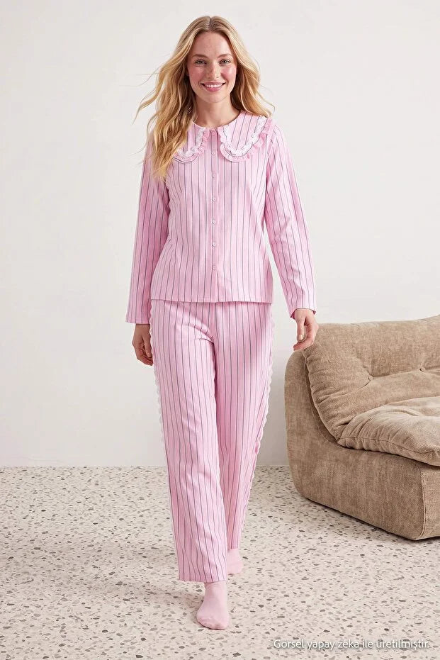 Pink Striped Collar & Ribbon Detail Viscose Woven Pajama Set