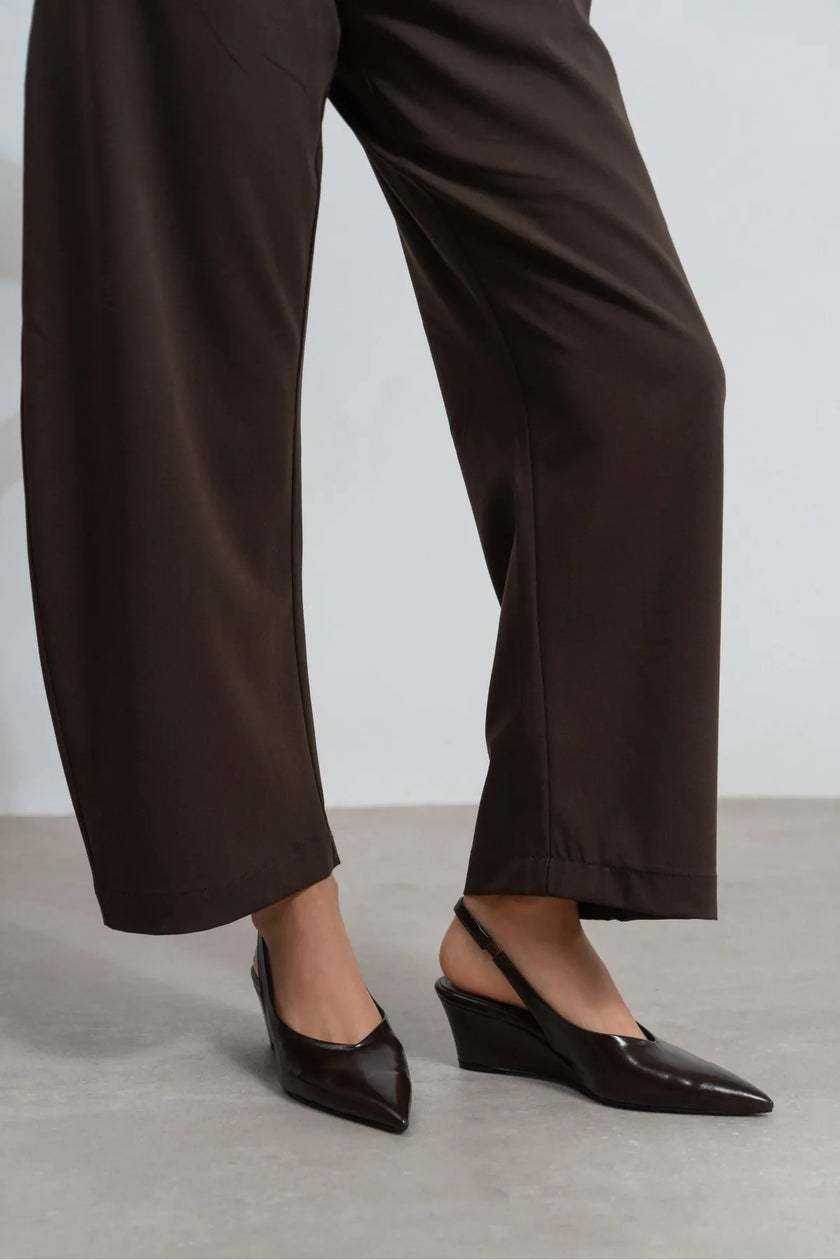 MELONI Coffee Matte Back Strap Detail Pointed Toe Women’s Heel Shoes