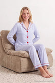 White & Blue Striped Heart Embroidered Piping Detail Viscose Woven Pajama Set