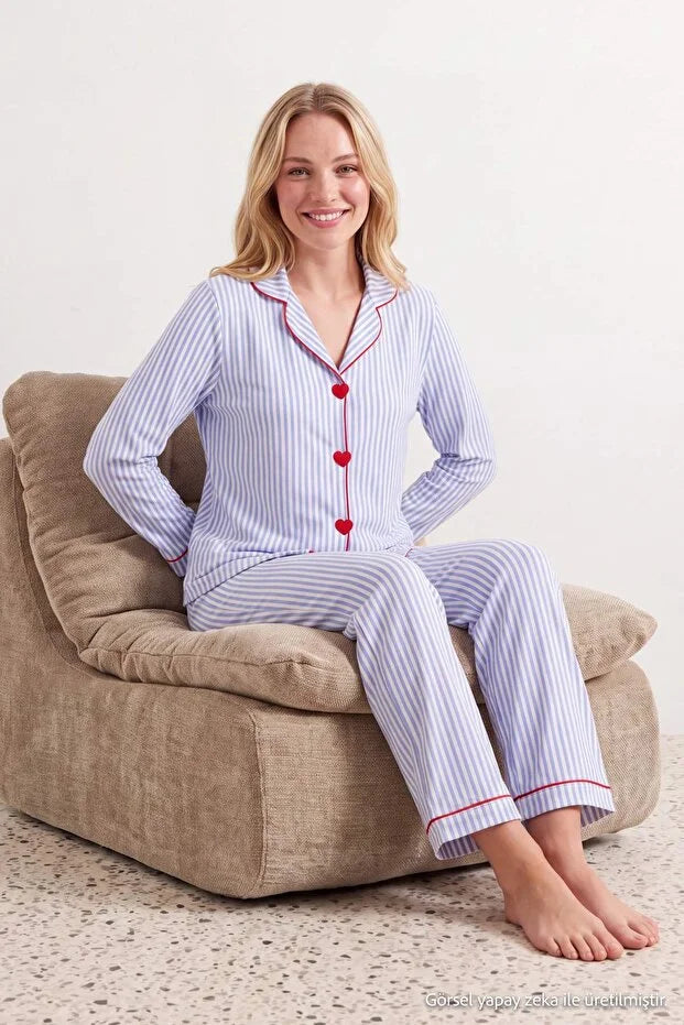 White & Blue Striped Heart Embroidered Piping Detail Viscose Woven Pajama Set