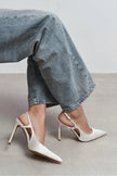 LADONIA Pearl Satin Buckle Detail Open Back Women’s Heels