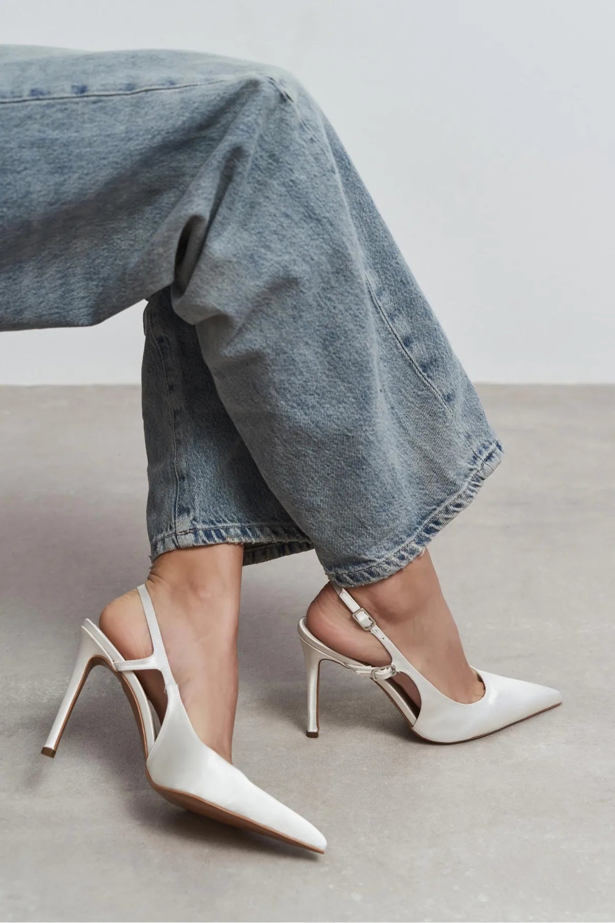 LADONIA Pearl Satin Buckle Detail Open Back Women’s Heels