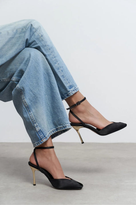 VELA Black Satin Ankle Tie Open Toe Women’s Heels