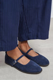 Jade Navy Blue Suede Genuine Leather Double-Buckle Flat Women's Ballet Flats