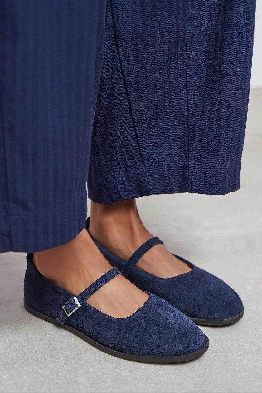 Jade Navy Blue Suede Genuine Leather Double-Buckle Flat Women's Ballet Flats