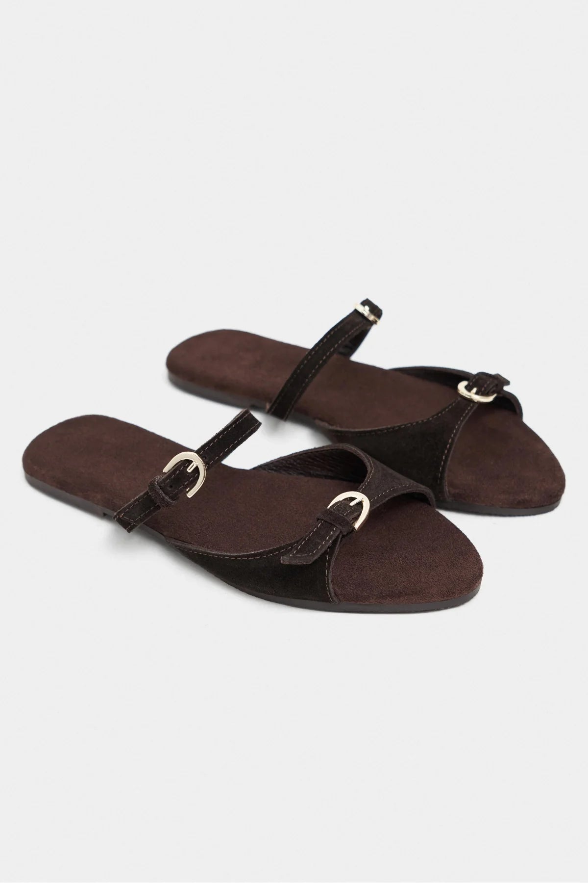 Calina Dark Brown Suede Double-Buckle Flat Women's Slippers