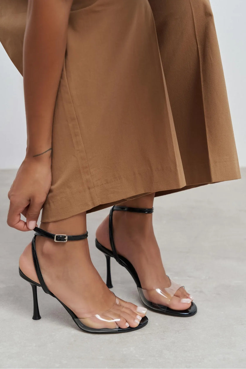 VESPER BLACK PATENT TRANSPARENT FRONT HIGH HEEL WOMEN’S SHOES