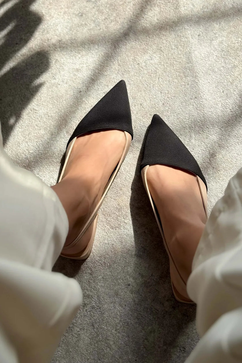VIKTOR Nude Satin Black Detail Pointed Toe Ankle Strap Women’s Low Heel Ballet Shoes