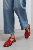 HUGEL Red Suede Leather Buckle Detail Flat Women’s Sandals