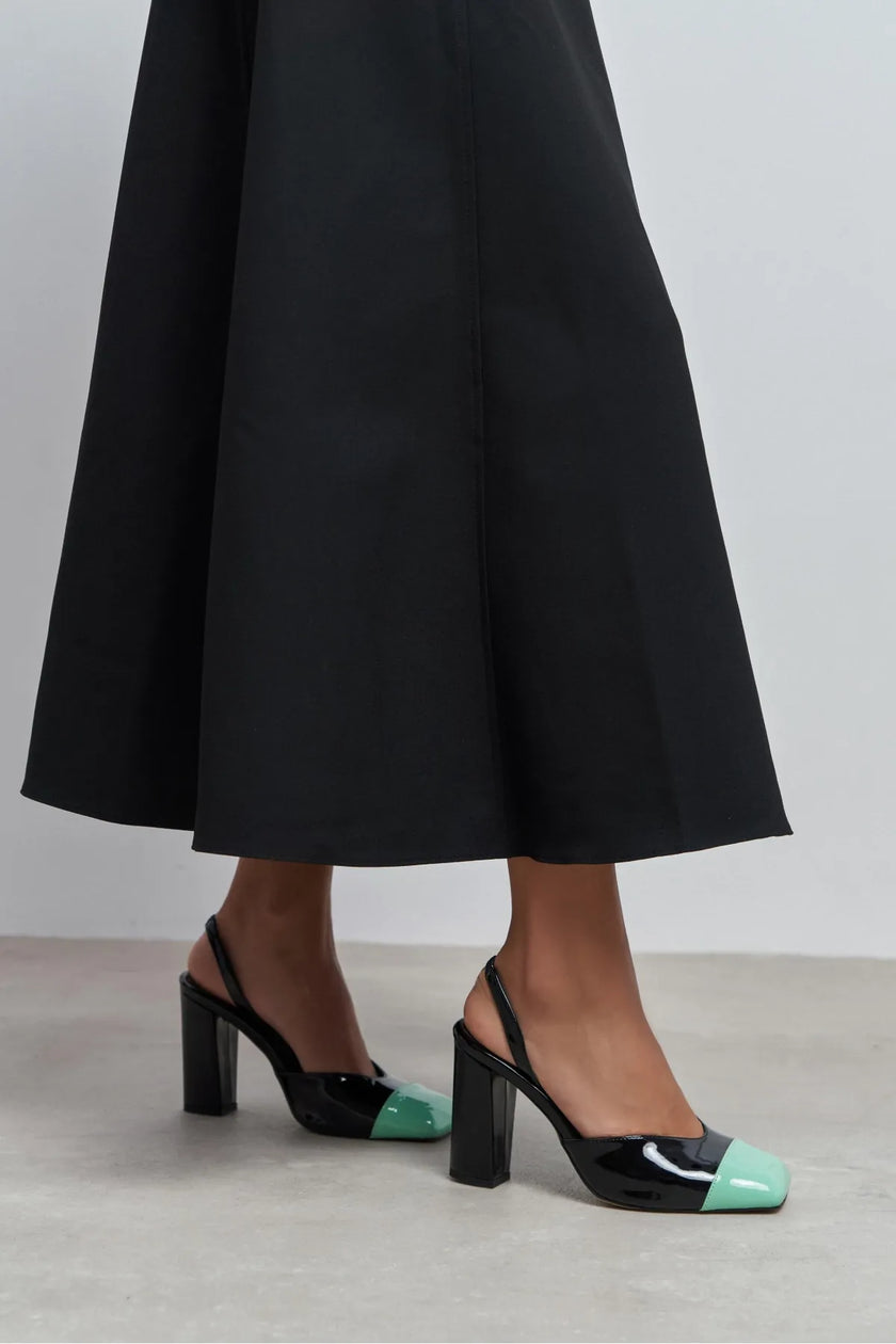 SOLEA BLACK PATENT & GREEN TOE DETAIL BLOCK HEEL WOMEN’S SHOES