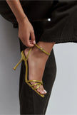 AVA GREEN SATIN CROSS-STRAP ANKLE TIE WOMEN’S HIGH HEELS