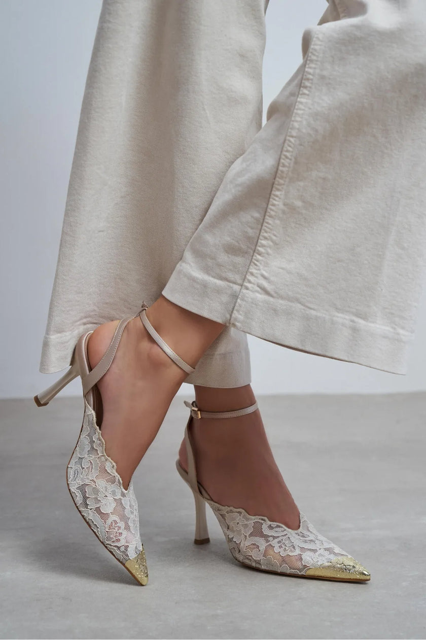 HANNAH Beige Lace Embroidered Detail Back Strap Women’s Heels