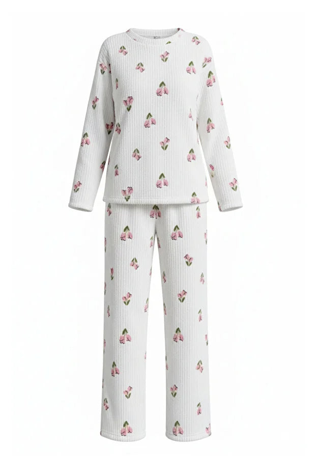 White Floral Soft Touch Ribbed Knit Pajama Set