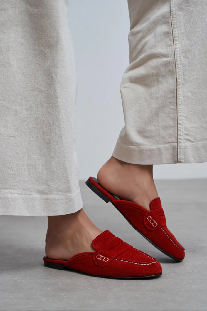 HARVEY Red Genuine Leather Suede Flat Women’s Loafer Slippers